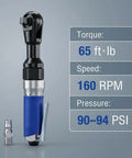Heavy Duty Half Inch Drive Air Ratchet Wrench Spins Up To 65 Ft Lbs At 160 Rpm with blue grip and specifications on torque and speed.