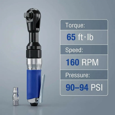 Heavy Duty Half Inch Drive Air Ratchet Wrench Spins Up To 65 Ft Lbs At 160 Rpm with blue grip and specifications on torque and speed.