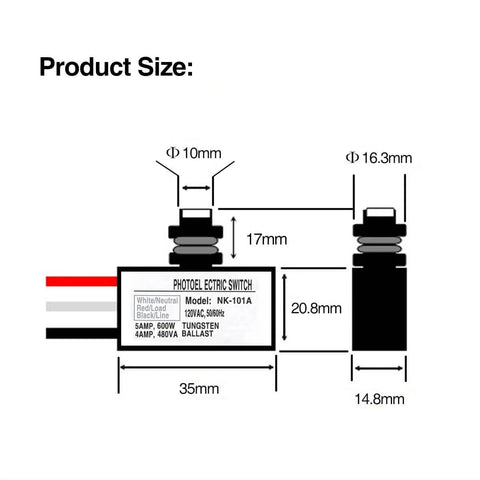 Dimensions of Dusk to Dawn Photocell Sensor Switch for Outdoor Lighting, 35mm width, 20.8mm height, 120V AC Auto Light Control