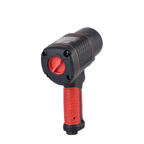 Robust Pneumatic Air Impact Wrench Delivers Ridiculous 450 Foot Pounds Pulling Power And Blistering 7500 Rpm Speed side view with red handle.