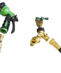 All Brass Garden Hose Quick Connect Fittings Three Quarter Inch GHT Easy Connect Male Only Eight Pack Durable Leak Free Hose Connector Set for Quick Switches and No Fuss Watering shown connected to a hose and nozzle.