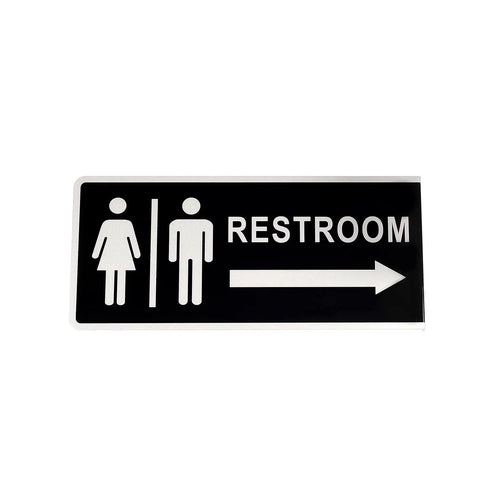 Double Sided Aluminum Restroom Sign For Home And Office Doors With Clear Readable Letters On Both Sides Large 12.1 By 5.5 Inches Metal Bathroom Door Sign For Office Home Or Business Environments showing male and female icons with arrow