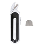Ultra Slick Cordless Electric Scissors For Fabric Cutting And Crafting Projects Deliver Lightweight Portable Build With Razor Sharp Metal Blades Plus Dual Power Options For Hassle Free Sewing On The Go, side view with blade exposed.