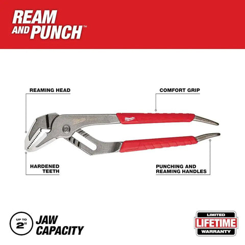 10 Inch Straight Jaw Pliers With Ream And Punch, Exposed Metal Handles, Precision Ground Head For Deburring Pipes Up To 2 Inches And Punch Electrical Knockouts, Rust Resistant Forged Heavy Duty Tool With Comfort Grips, side view