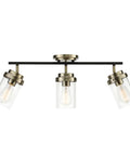 Vintage Vibe Three-Light Track Lighting Bar With Pivoting Heads In Matte Black And Antique Brass Finish, Clear Glass Shades