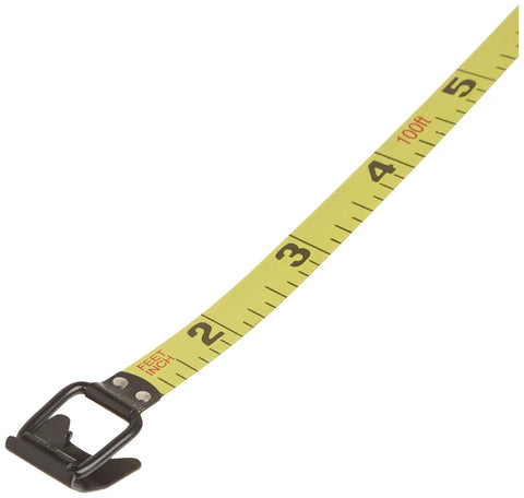 Pro Grade 100 Foot Tape Measure with precise inch markings, shown extended with rust resistant blade, for long distance layout.