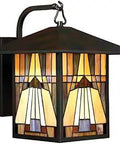 Outdoor Wall Lantern With Tiffany Style Handcrafted Geometric Art Glass In Warm Orange Yellow Brown, 1 Light 150W Incandescent