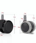 Five Piece Universal Office Chair Roller Set Heavy Duty Dual Wheel Casters in black and gray with size measurements.