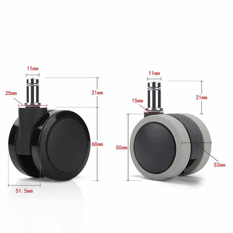 Five Piece Universal Office Chair Roller Set Heavy Duty Dual Wheel Casters in black and gray with size measurements.