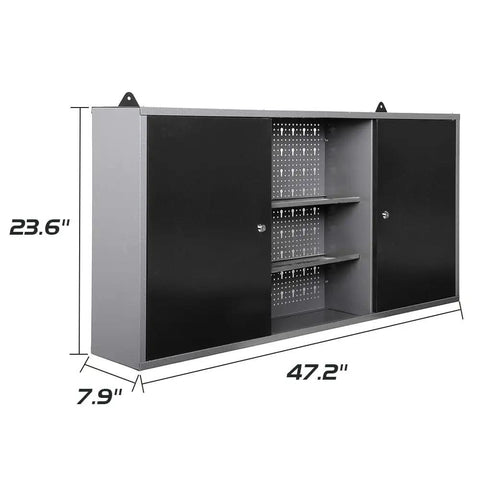 Rugged Metal Wall Cabinet With Two Lockable Doors For Garage Tool Storage In Black And Grey Pegboard Interior And Detachable Shelves
