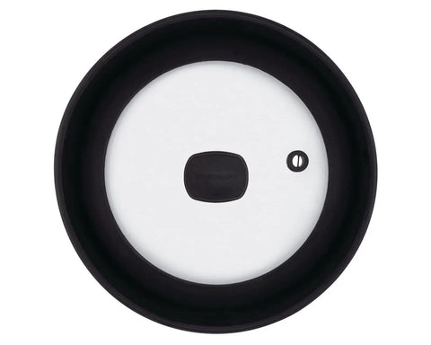 Top view of Mess Free Microwave Splatter Cover With Foldable Design For Quick Cleanup, black edge, clear center, steam vent visible.