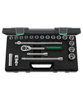 Heavy Duty Tough As Nails Metric Socket Set 21 Pieces With Half Inch Square Drive In Stackable Abs Plastic Case arranged in a toolkit.