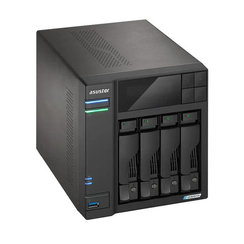 Rock Solid 4 Bay Network Attached Storage Drive Featuring Intel Quad Core CPU with four drive bays and USB port for connectivity.