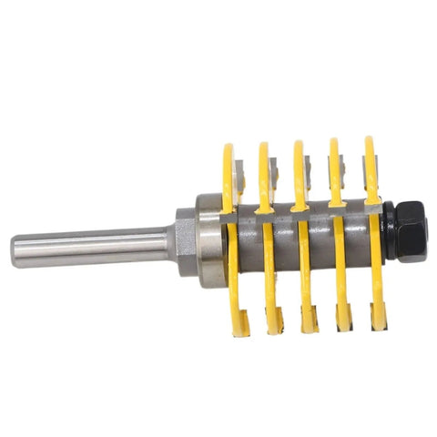 Adjustable Box Joint Router Bit With Five And Three Flutes And Half Inch Shank for precise wood tenon joinery, showcasing five sharp flutes.