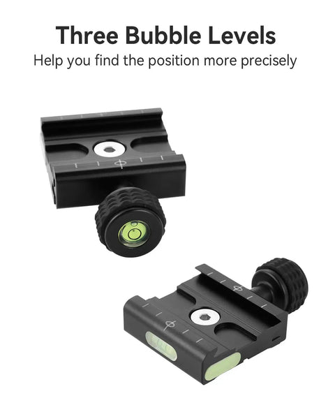 Arca Swiss Quick Release Plate Adapter Set In Lightweight Aluminum with built-in bubble levels for precision alignment