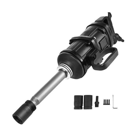 1 Inch Pneumatic Air Impact Wrench Heavy Duty Muscle Knocks Loose Rusty Nuts Quick With 5800 Nm Max Torque And 4000 Rpm Motor shown with accessories.