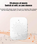 White speaker device with multiple music options and adjustable volume, surrounded by musical notes.