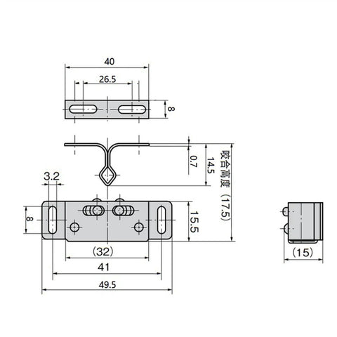 Technical drawing of Stainless Steel Wardrobe Door Double Ball Roller Catch Latch Door Closer in Silver with measurements