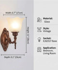Antique Copper Wall Sconce Light European Vintage Design with Flower Glass Shade Carved Base Indoor Wall Lamp for Bedroom Living Room Hallway Bedside Decor E26/27 with dimensions shown.
