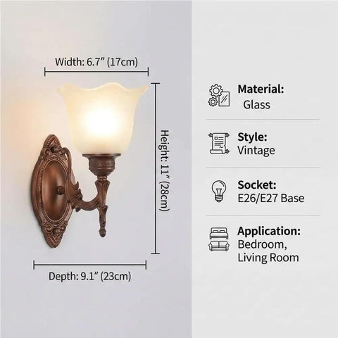 Antique Copper Wall Sconce Light European Vintage Design with Flower Glass Shade Carved Base Indoor Wall Lamp for Bedroom Living Room Hallway Bedside Decor E26/27 with dimensions shown.