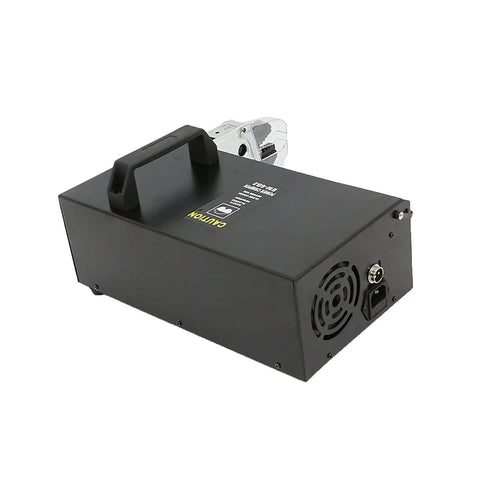 TopTier Automatic Electric Wire Terminal Crimper Featuring Integrated Stripping Mode, black body with handle, side view showing connectors.