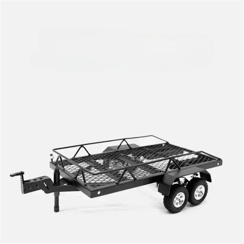 Heavy Duty Metal Rc Crawler Trailer Cargo Carrier Box For One Twenty Four Scale Remote Vehicles Solid Steel Hauler Kit side view with mesh bed.