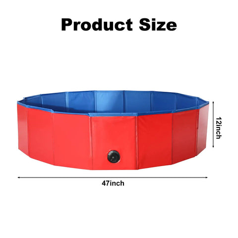 Portable Whelping Pool for Dogs and Pups, Foldable 47 Inch Birthing Pool, red and blue pool with size dimensions 47x12 inches.