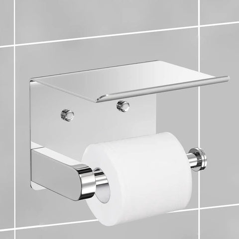 Self Adhesive Toilet Paper Holder With Built In Phone Shelf Stainless Steel Wall Mount Organizer installed on tiled wall