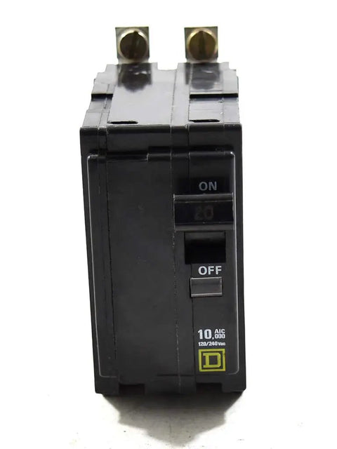 Front view of 2 Pole Bolt On Circuit Breaker 20 Amp 120 240 VAC And 48 VDC QOB220 Style UL CSA Approved for panelboards and appliances.