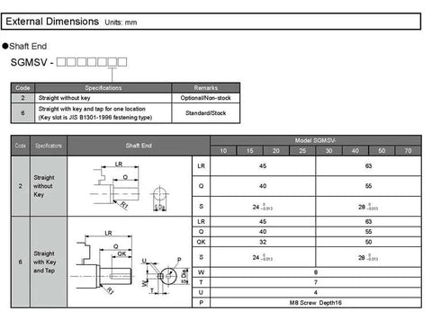 CHUNYE SGMSV-10ADA61 servo motor, 1 kW, shaft-end external dimensions with straight and keyed options.