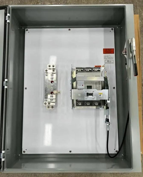 Straight Up Heavy Duty Arc Flash Prevention Gear Featuring A Top Shelf 1200 Amp 65KA Enclosed Circuit Breaker For Tough 480VAC Jobs and Hella Safer Workplaces Meets Every Major Safety Code, showing internal components.