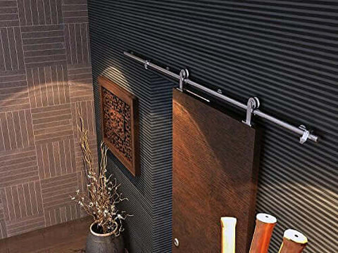 Ten Foot Stainless Steel Sliding Barn Door Hardware Kit With Double Track And Top Mounted Rollers Installed in Modern Interior