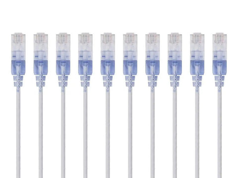 SlimRun Cat6A Ethernet Patch Cable 1ft Snagless RJ45 UTP 550MHz 10G Bare Copper 30AWG Blue 10-Pack showing connectors