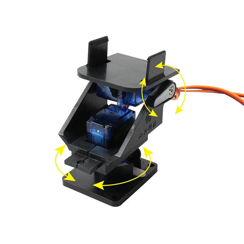 Mini Pan Tilt Camera Platform Anti Vibration Mount With Two SG90 Servos for FPV aircraft DIY projects, showing adjustable angles.