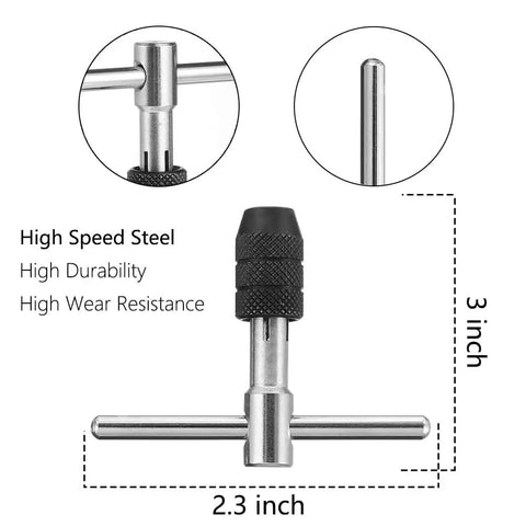 Front view of Pro Grade T Handle Tap Wrench Kit With 5 Tap Sizes M3 M4 M5 M6 M8 And 5 Twist Drill Bits, high speed steel, dimensions labeled
