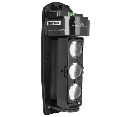 Triple Beam Alarm Photoelectric Infrared Beam Sensor Weatherproof Outdoor Security System With Motion Sensing Perimeter Alert For Solid Property Protection Today transmitter unit with three lenses, black plastic wall mount