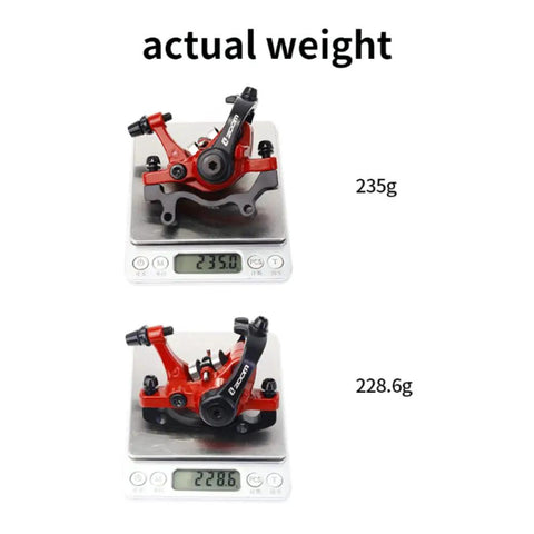 Actual weight of Beefy Dual Piston Caliper Disc Brake Set For Mountain Bikes And More With Alloy Cable Line Pull Brakes, 235g and 228.6g shown.