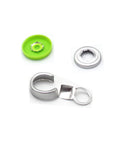 Front view of lab vial cap kit: green silicone stopper, silver aluminum cap ring, and metal clip.