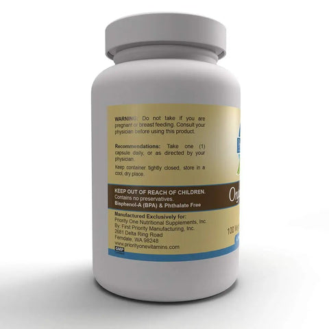 Side view of a bottle labeled Lithium Orotate 30mg, 100 Vegetarian Capsules For That Everyday Mood And Immune Boost, Natural Non-GMO Formula, Gluten Free, Made In USA In FDA CGMP Facility.