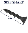 Side view of a single Beefy Heavy Duty Drywall Screw from Set Of 200 Size Six By One Inch Coarse Thread Phillips Flat Countersunk Head For Wood Studs And Sheetrock Made From 1022A Phosphated Carbon Steel Grade Eight Point Eight Hardness
