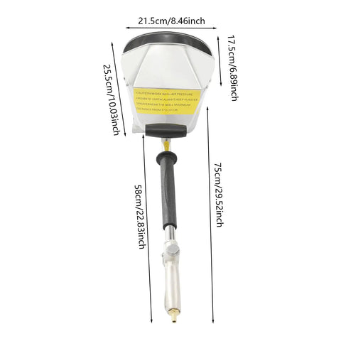 Built Tough Air Stucco Texture Hopper Sprayer with measurements showing aluminum design and ergonomic handle for easy use.