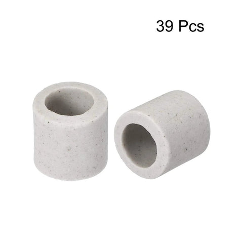 Two white ceramic insulation tubes, 8 mm dia, single bore, alumina porcelain high-temp insulators for heating elements.