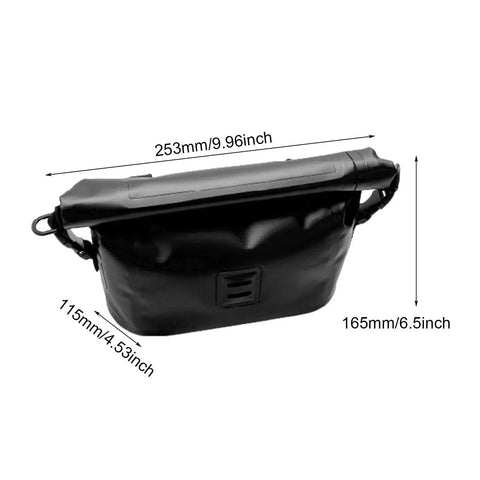 Waterproof Bicycle Handlebar Bag Expandable Cycling Pack IPX6 500D PVC 7L Bikepacking Gear, shown with dimensions