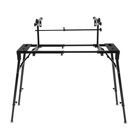 Portable Dual Laptop Stand With Adjustable Height And 2 Tier DJ Workstation Keyboard Holder in black metal