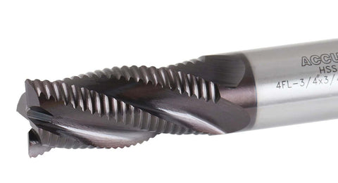 Close-up of TiAlN-coated roughing end mill, M42 cobalt, 3/4 in diameter