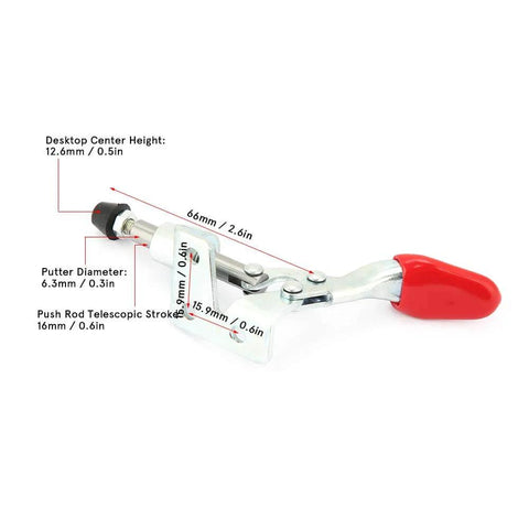 Beefy Heavy Duty Toggle Clamp Hold Down With Push Pull Action For Woodworking Jigs And Fixtures Pocket Hole Jigs Welding Crosscut Sleds Secure Grip Adjustable Base Plate side view showing dimensions and red handle