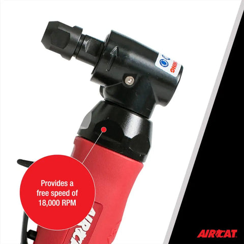 Close-up of Pneumatic Angle Die Grinder With Spindle Lock And 0.75 HP Non-Stall Motor, 18,000 RPM, showing red body and exhaust