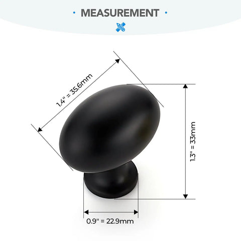 10 Pack Oval Zinc Alloy Cabinet Knobs With Straight Up Matte Black Finish top view showing measurements 1.4 by 1.3 inches.