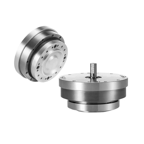 Compact Axial Input Harmonic Drive Reducer With 80 To 1 Ratio for CNC rotary applications, featuring a lightweight metallic design.