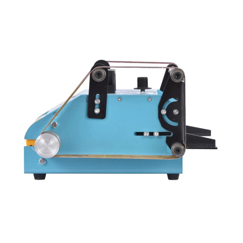 Hot Deal On This Badass 950W Desktop Double Axis Belt Sander And Polisher viewed from the side showing the belt and controls.